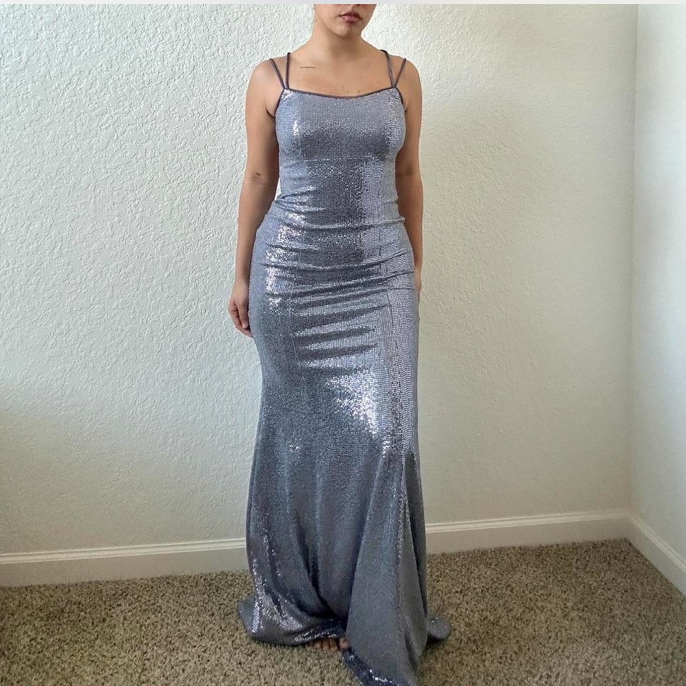 Betsy & Adam Shimmering blue prom Dress